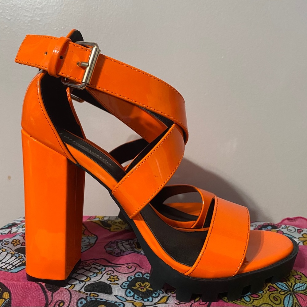 Neon Orange Strappy Block Heels / Dolls Kill
